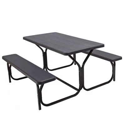 Hodetail All Weather Outdoor Picnic Table Bench Set With Metal Base Wood