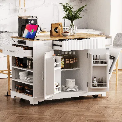 Hodetail Fluted Kitchen Island With Trash Can Storage Cabinet, Power Outlet, Internal Storage Rack, Rolling K