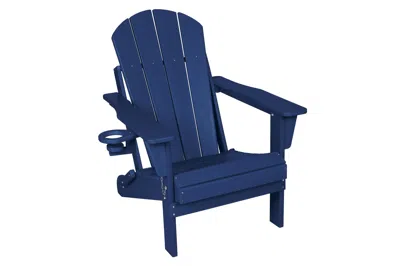 Hodetail Folding Adirondack Chair With Side Table, 3-piece Adirondack Chair Set With Wood Texture, Navy Blue(