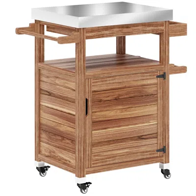 Hodetail Outdoor Grill Cart With Stainless Steel Top, Solid Wood Outdoor Kitchen Island With Wheels, Drawer, 