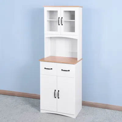 Hodetail Wooden Kitchen Cabinet White Pantry Room Storage Microwave Cabinet With Framed Glass Doors And Drawe