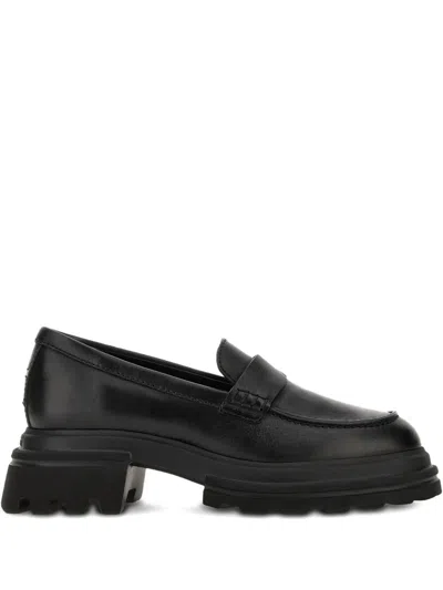 Hogan 10-storey Smooth Leather And Workwear Sole Loafers In Black