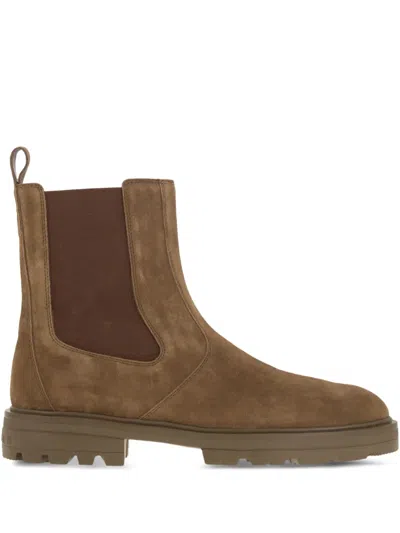 Hogan Classic Brown Leather Boots With Robust Sole And Lace-up Front
