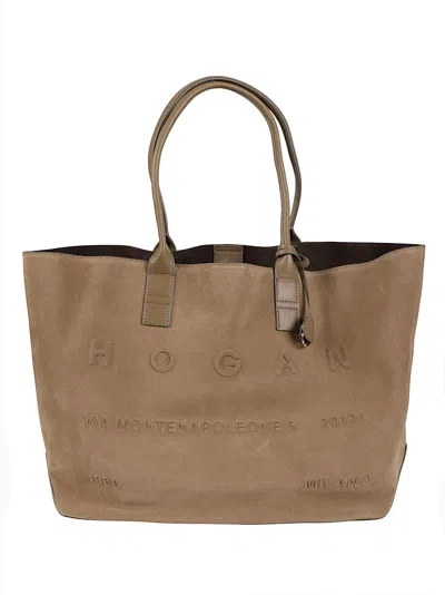 Hogan Address Medium Embossed Calf Leather Shopping Bag In Brown