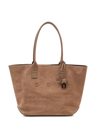 Hogan Address Shopping Tote Bag With Relief Lettering In Brown