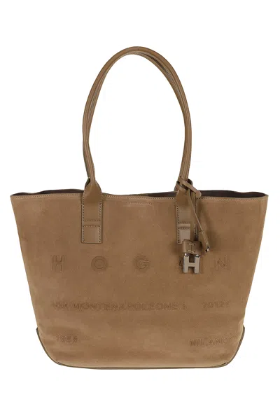 Hogan Address Small Suede Tote Bag In Brown
