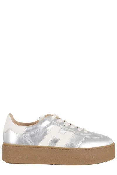 Hogan H698 Metallic Leather Platform Sneakers In Silver