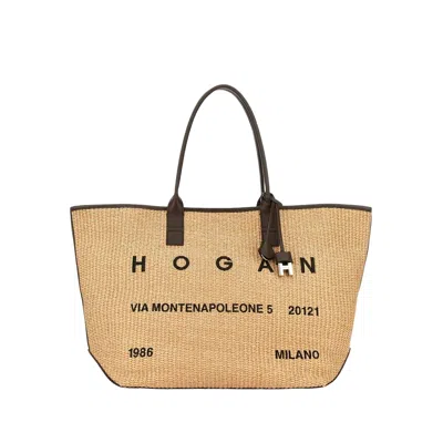Hogan Beige Address Shopping Media Raffia Shopping Bag In Multi