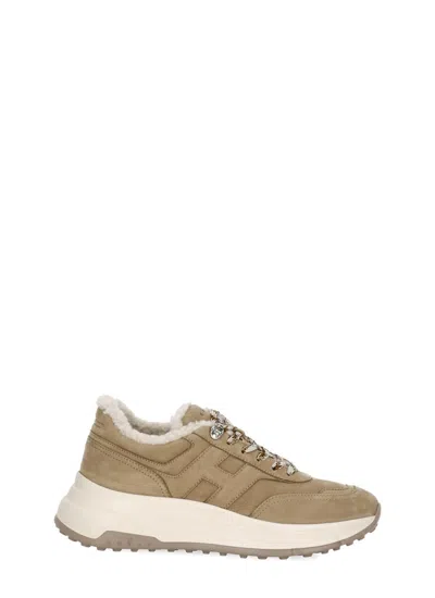 Hogan Beige Leather Fur-lined Sneakers In Brown
