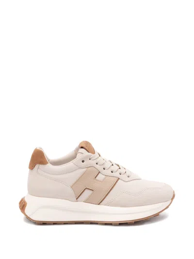 Hogan Beige Leather Logo Patch Flat Shoes In Multi