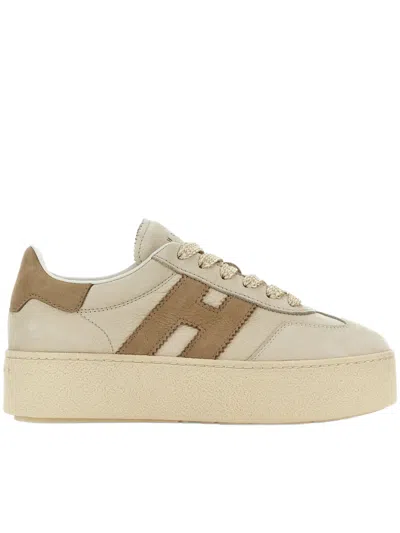 Hogan Beige Leather Platform Sneakers With Suede Accents And Iconic Logo In Animal Print