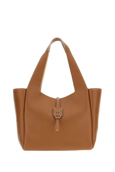 Hogan Beige Leather Shopping Trend Tote Bag In Brown
