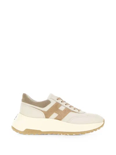 Hogan Ivory Leather Sneakers With Logo Accent And Raised Sole In Neutral