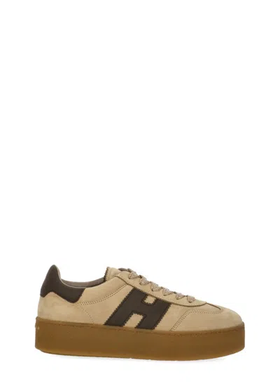 Hogan Beige Leather Sneakers With Logo And Platform Sole In Brown