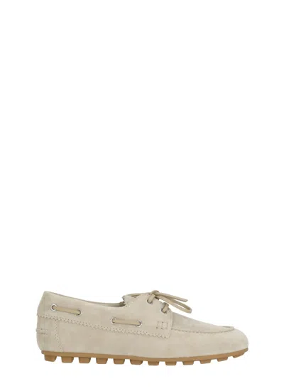 Hogan Suede Lace Up Loafers Metal Eyelets In Neutral
