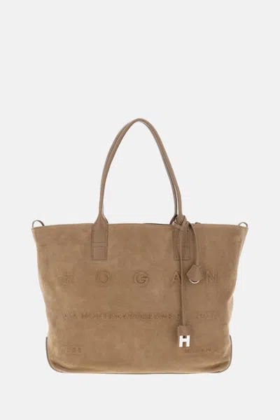 Hogan Beige Script Medium Tote In Sand