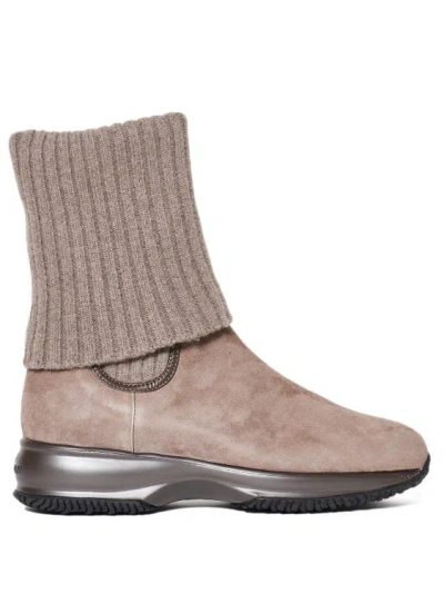 Hogan Beige Suede Ankle Boots In Brown