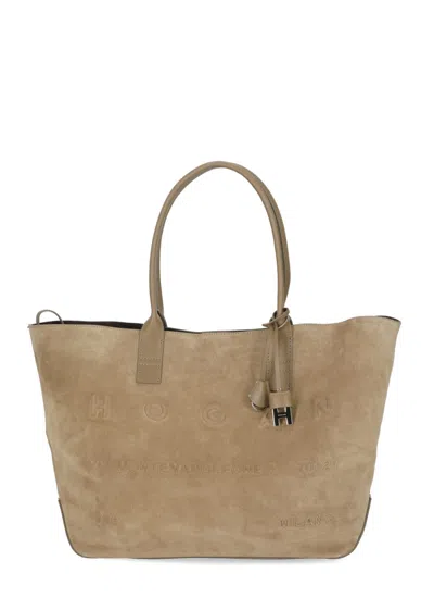 Hogan Beige Suede Leather Tote Bag With Embossed Logo In Neutral