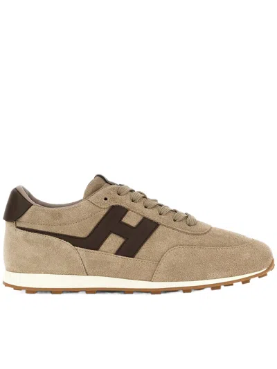 Hogan Beige Suede Low-top Sneakers With Contrasting Dark Brown Logo In Multi