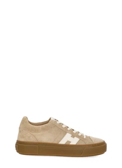 Hogan Beige Suede Low-top Sneakers With White Leather Logo In Brown