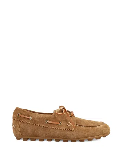 Hogan Beige Suede Scallop Trim Flat Shoes In Brown