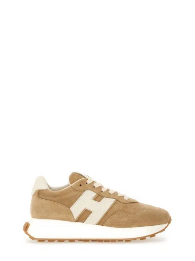 Hogan Beige Suede Sneakers With Contrasting Logo And Textured Sole In Neutral