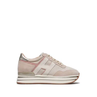 Hogan Beige Suede/gold Beige Fabric Midi Platform Sneakers In Pink