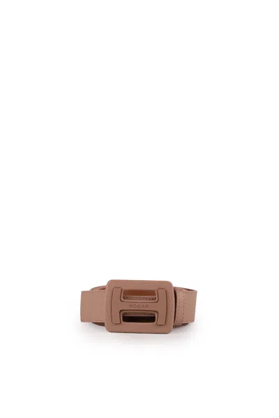 Hogan Belt With Logo In Hammered Leather In Nude & Neutrals