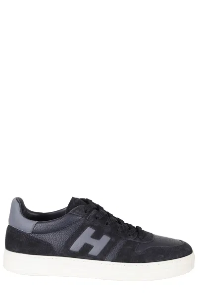 Hogan Blue H Tv Smooth Leather Suede Rubber Sole Sneakers In Black