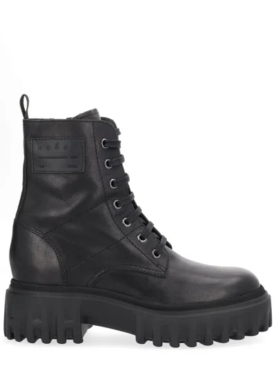 Hogan H700 Chunky Biker Boots In Leather In Black