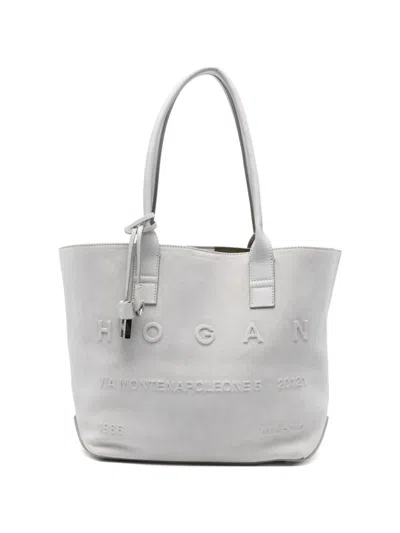 Hogan Borsa Shopping In Pelle Bianca  In Gray