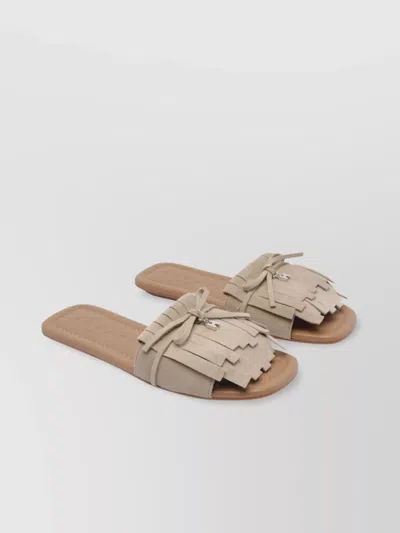 Hogan Bow Fringe Leather Open Toe Sandals In Fango