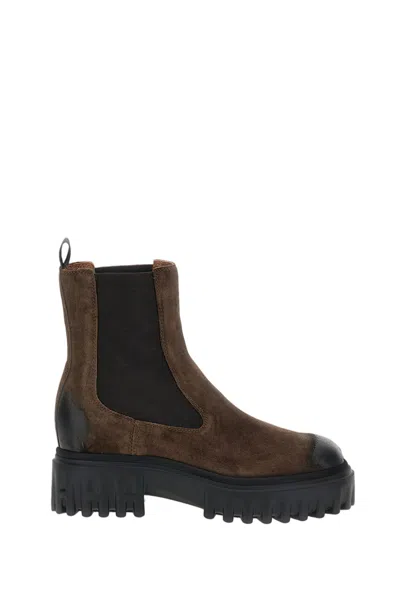 Hogan Brown H700 Suede Platform Lug-sole Chelsea Boots In Black