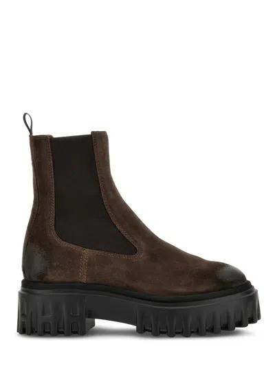 Hogan Brown Leather Ankle Boots With Black Sole In Multi