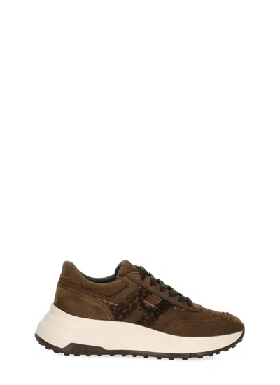 Hogan Brown Leather Sneakers With Leopard Pony Accents In Multi