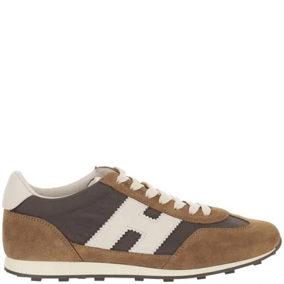 Hogan Beige Athletic Contrast Suede Mesh Sneakers In Brown