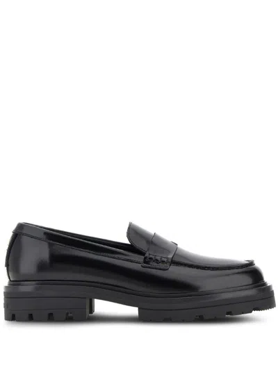 Hogan Brushed Finish Loafers Shoes In Black