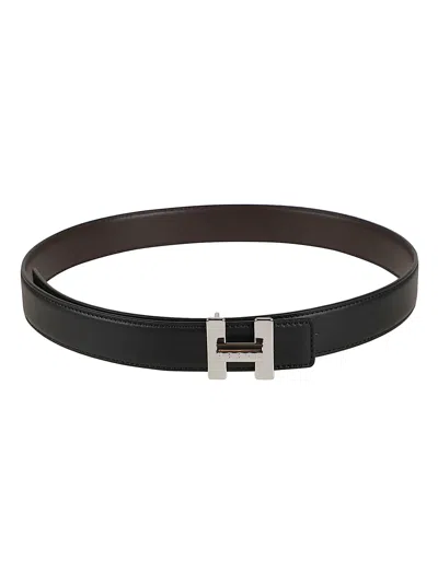 Hogan Calf Leather Metallic Buckle Belt In Black