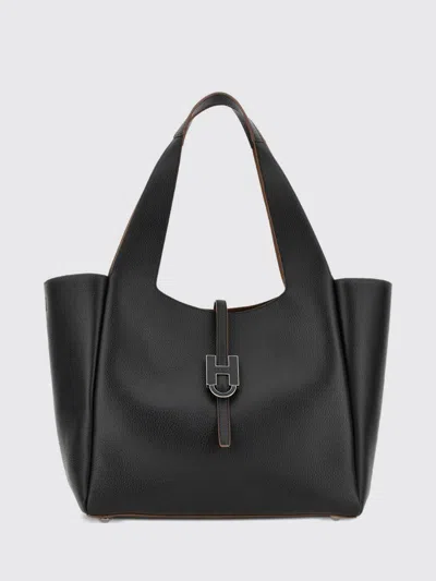Hogan Calfskin Shoulder Bag With Double Handle And Inner Pouch In Black