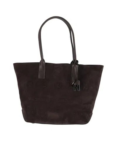 Hogan Calfskin Suede Medium Address Embossed Tote Bag In Brown
