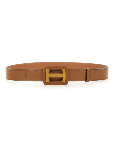 Hogan Hammered Leather Belt With Maxi Buckle In Brown