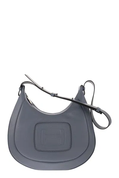 HOGAN MINI AVIUM BLUE HOBO SHOULDER BAG WITH MAGNETIC FLAP AND LEATHER H-BUCKLE