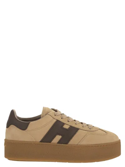 Hogan Beige Textured Nubuck H681 Platform Sneakers In Brown