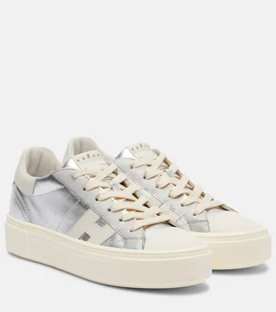 Hogan Crosswind Metallic Leather Sneakers In Silver