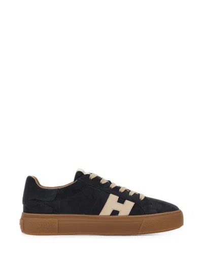 Hogan Low-top Navy Suede Sneakers With Beige Accents And Textured Sole In Animal Print