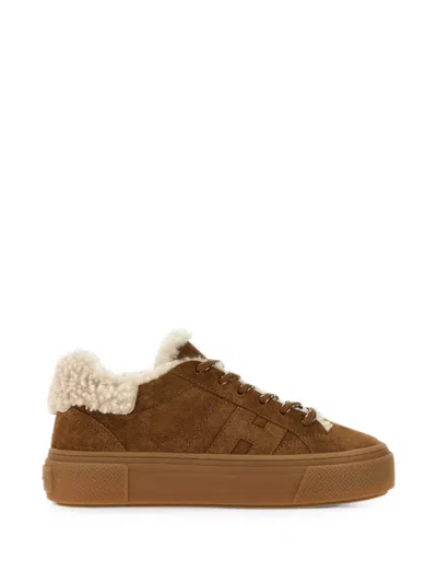 Hogan Crosswind Shearling-trimmed Suede Sneakers In Neutral