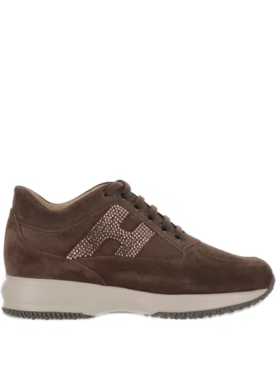 Hogan Crystal-embellished Suede Sneakers In Brown