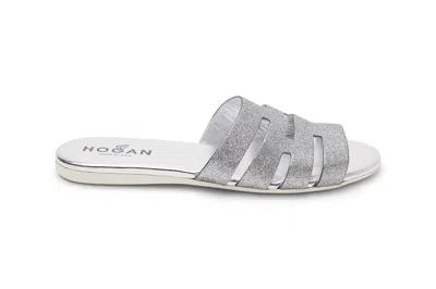 Hogan Cut-out Glitter Slides In Silver