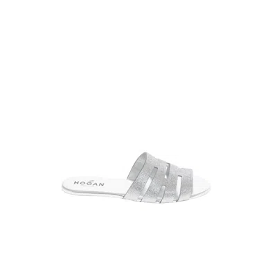 Hogan Cut-out Glitter Slides In Silver