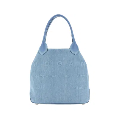 Hogan Denim And Leather Shopping Bag With Antique Finish In Blau